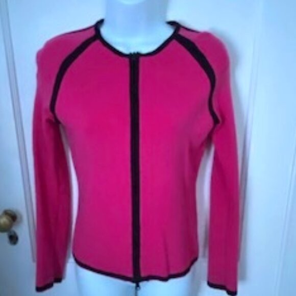 Women's Pierre Cardin Fuchsia Zip Cardigan with Black Trim, Size S - Picture 2 of 6